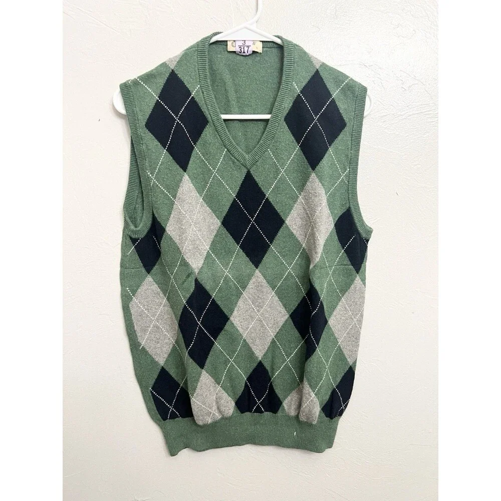 J.Crew Vintage Y2K Argyle Sweater Vest Men’s L Cotton Cashmere Green Preppy Top